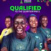 Nigerian women’s football team celebrates qualification to the quarterfinals; players in blue jerseys on a purple background.