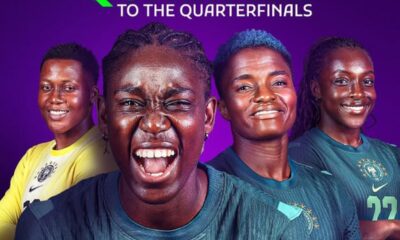 Nigerian women’s football team celebrates qualification to the quarterfinals; players in blue jerseys on a purple background.