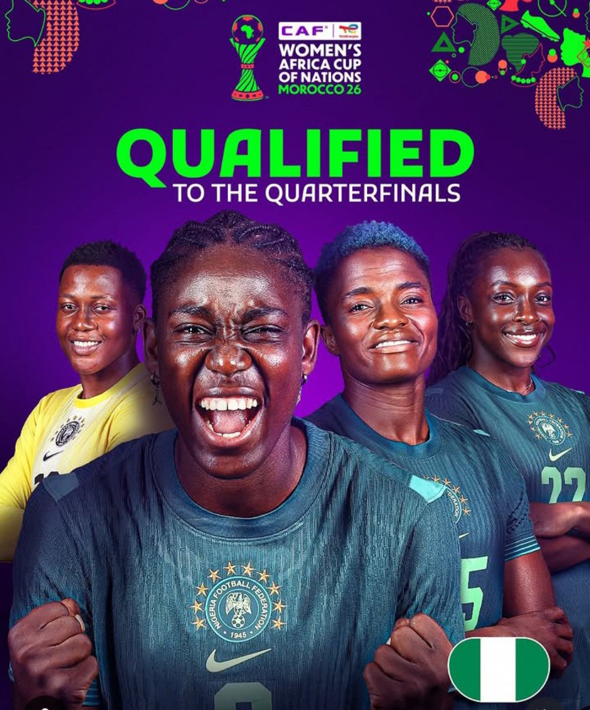 Nigerian women’s football team celebrates qualification to the quarterfinals; players in blue jerseys on a purple background.