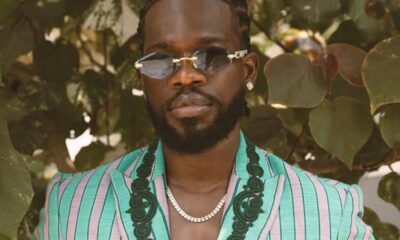 Man with braided hair and beard wearing a mint green and pink striped blazer, sunglasses, and a beaded necklace, standing in front of green leaves.