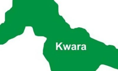 Green silhouette map of Kwara State, Nigeria, with the word 'Kwara' written in white across it.
