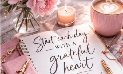 Pink floral desk scene with peonies, a lit candle, a pink mug, and a notebook reading 'Start each day with a grateful heart'.