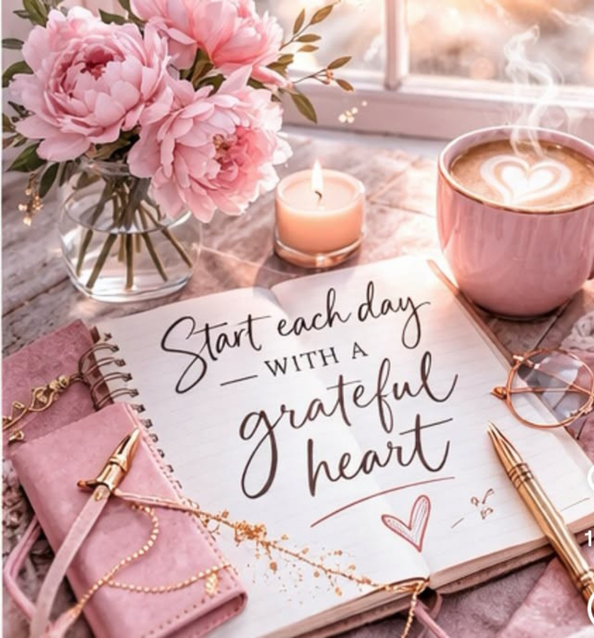 Pink floral desk scene with peonies, a lit candle, a pink mug, and a notebook reading 'Start each day with a grateful heart'.