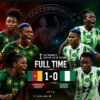 Captioned poster showing Cameroonian and Nigerian women footballers with 'Full Time' and score 1-0 (Cameroon 1, Nigeria 0) for CAF Women's Africa Cup of Nations the image conveys victory for Cameroon in a group match poster.