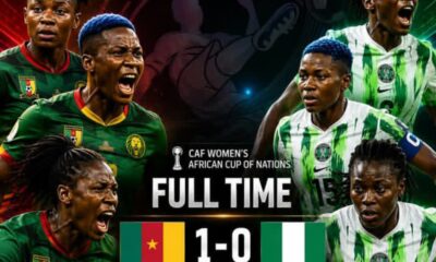 Captioned poster showing Cameroonian and Nigerian women footballers with 'Full Time' and score 1-0 (Cameroon 1, Nigeria 0) for CAF Women's Africa Cup of Nations the image conveys victory for Cameroon in a group match poster.