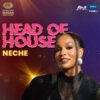 Promotional poster for Big Brother Naija Head of House featuring Neche and a smiling woman in a black lace outfit on a purple background.