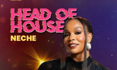 Promotional poster for Big Brother Naija Head of House featuring Neche and a smiling woman in a black lace outfit on a purple background.
