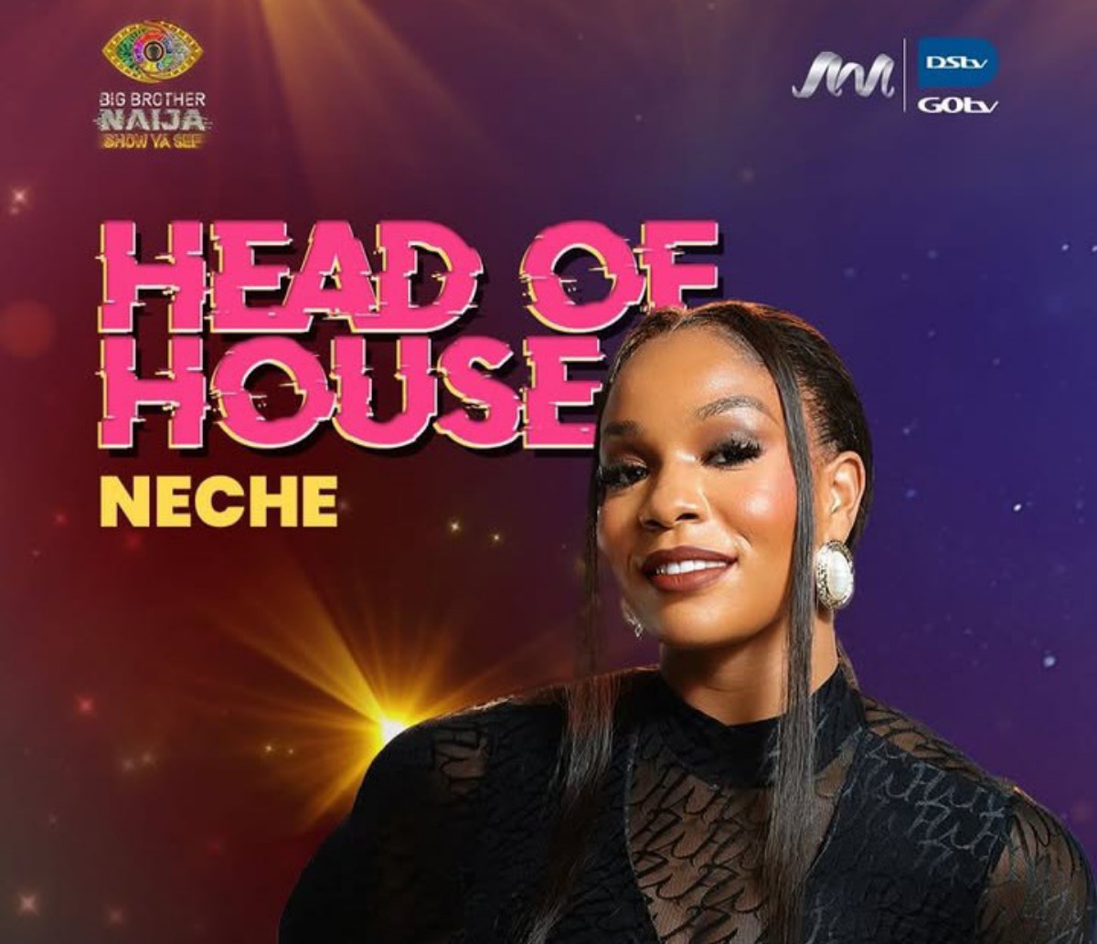 Promotional poster for Big Brother Naija Head of House featuring Neche and a smiling woman in a black lace outfit on a purple background.