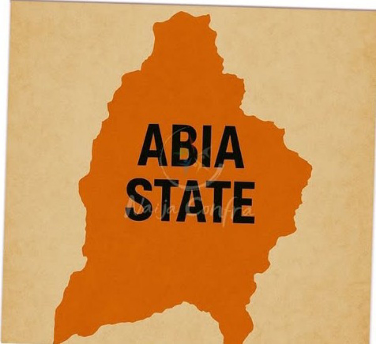 Orange silhouette of Abia State with the label ABIA STATE over it on a beige background