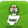 INEC logo on a bright green background, featuring Nigeria's coat of arms above a map silhouette labeled INEC as the emblem of Nigeria's electoral commission.