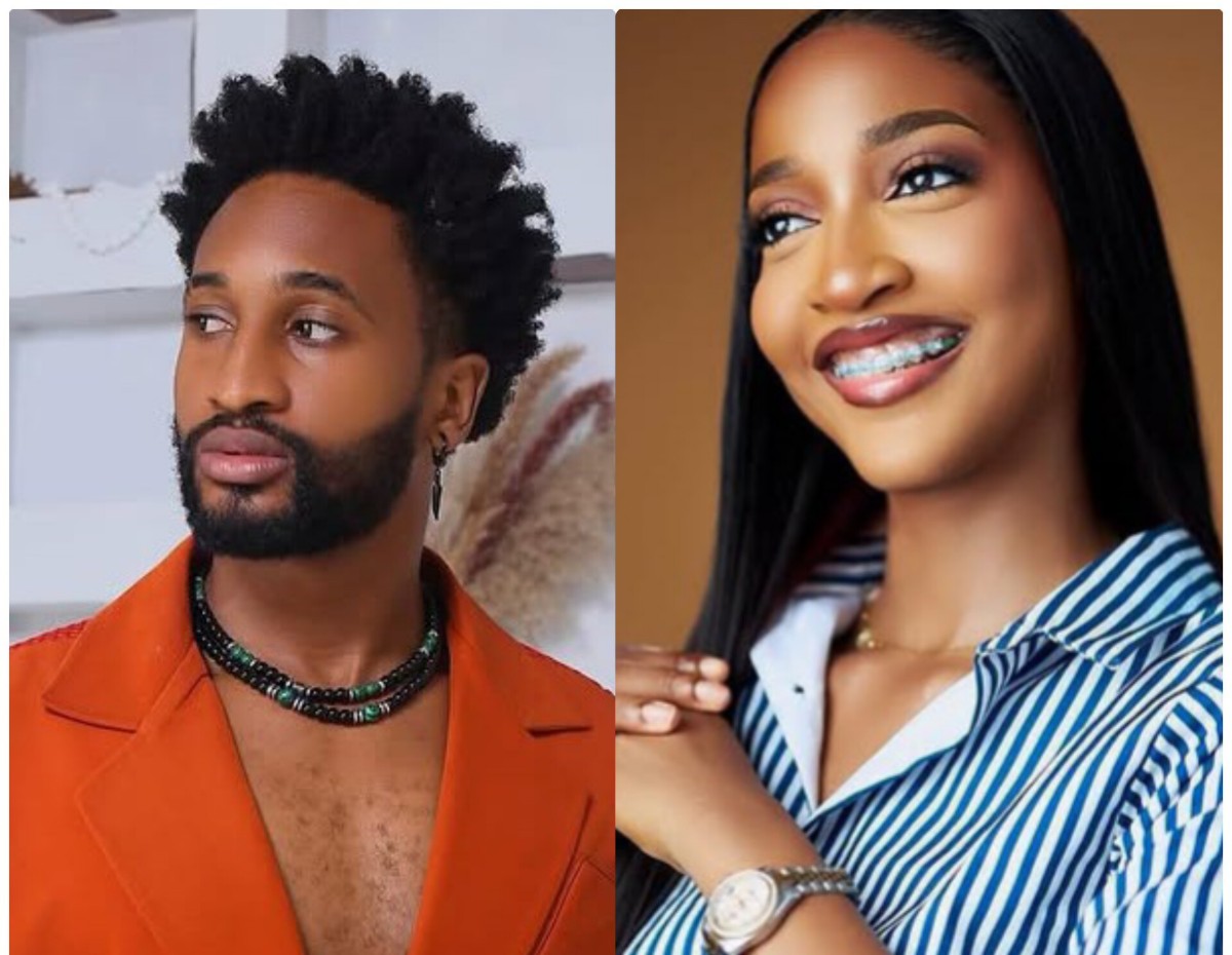 Two people are shown side by side: a man in an orange blazer with a beard and necklace, looking to the left; a smiling woman with braces and striped shirt on the right.