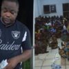 Left: Man in a Raiders jersey counting money. Right: Large group of people seated on the floor of a room, listening to a man in colorful clothing.