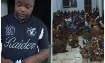 Left: Man in a Raiders jersey counting money. Right: Large group of people seated on the floor of a room, listening to a man in colorful clothing.