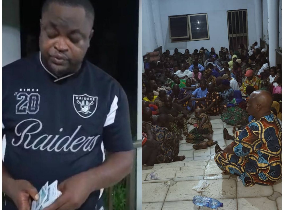 Left: Man in a Raiders jersey counting money. Right: Large group of people seated on the floor of a room, listening to a man in colorful clothing.