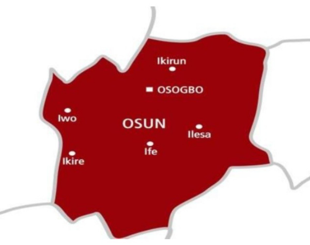 Map of Osun State, Nigeria, showing major towns: Osogbo, Ikirun, Ikire, Iwo, Ife, Ilesa, with Osun labeled in the center