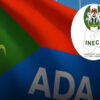 Campaign sign featuring the letters 'ADA' on a blue panel with a corn icon on the left and an INEC emblem overlay on the right.