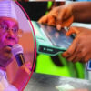 Split image: man in white attire speaks into a microphone while hands use a card reader at a polling station on the right.