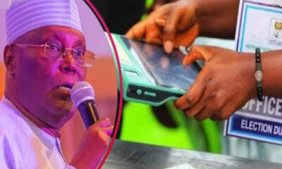 Split image: man in white attire speaks into a microphone while hands use a card reader at a polling station on the right.