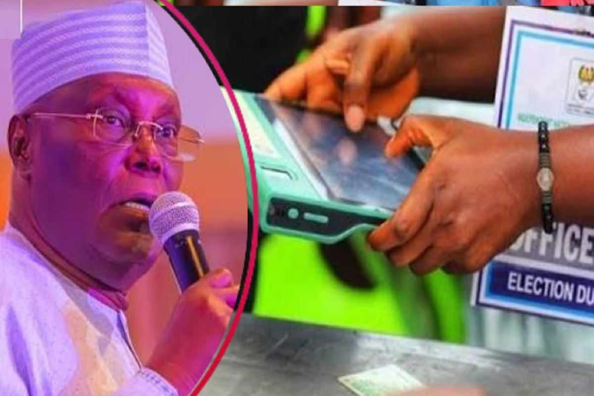 Split image: man in white attire speaks into a microphone while hands use a card reader at a polling station on the right.