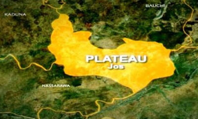 Satellite map highlighting Plateau State (Jos) in yellow with surrounding states Kaduna, Bauchi, Nassarawa and Taraba labeled.