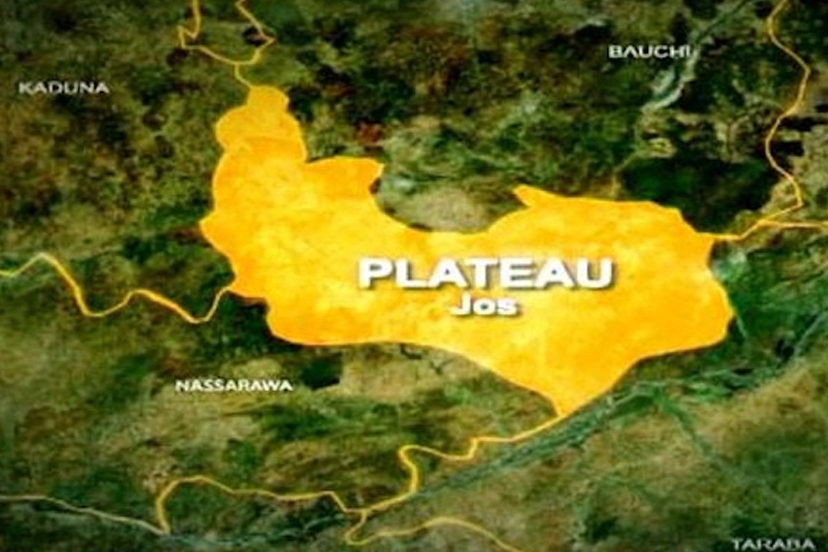 Satellite map highlighting Plateau State (Jos) in yellow with surrounding states Kaduna, Bauchi, Nassarawa and Taraba labeled.