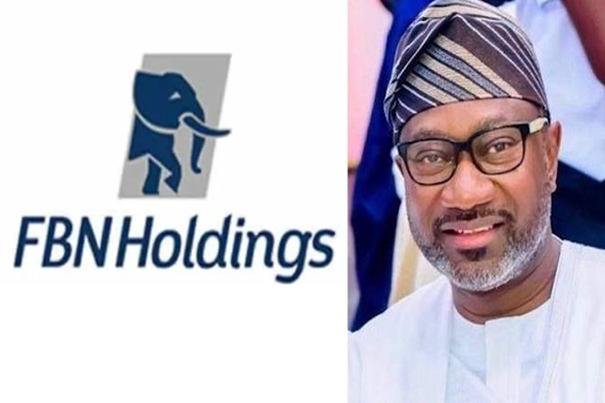 Left: FBNHoldings logo with a blue elephant; right: man wearing glasses and a striped head wrap.