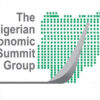 Logo for The Nigerian Economic Summit Group with a dotted green map of Nigeria and a rising gray arrow indicating growth.