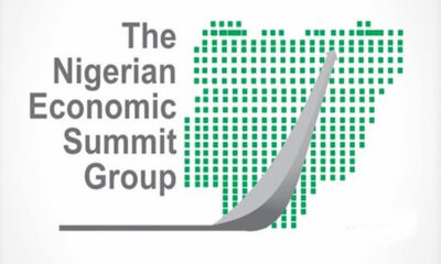 Logo for The Nigerian Economic Summit Group with a dotted green map of Nigeria and a rising gray arrow indicating growth.