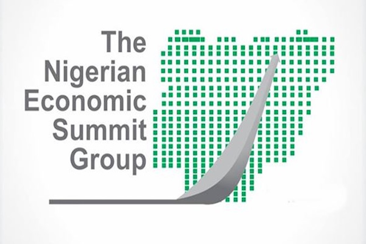 Logo for The Nigerian Economic Summit Group with a dotted green map of Nigeria and a rising gray arrow indicating growth.