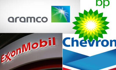 collage of major oil company logos: Aramco, BP, ExxonMobil, and Chevron