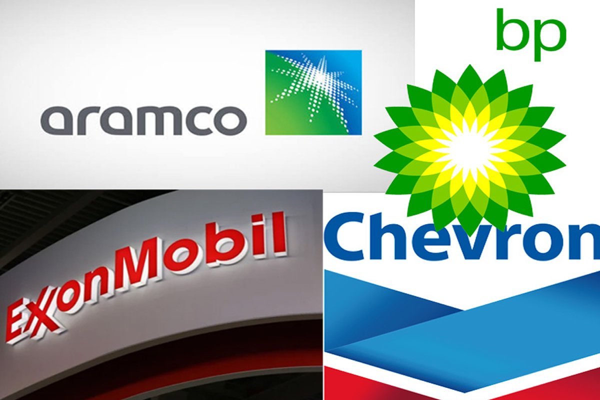 collage of major oil company logos: Aramco, BP, ExxonMobil, and Chevron