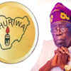 Left: yellow circular logo with Nigeria map outline and a lit candle, labeled HURINA. Right: elderly man in a purple headwrap and white outfit, hands folded.