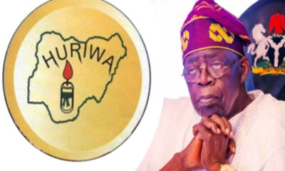 Left: yellow circular logo with Nigeria map outline and a lit candle, labeled HURINA. Right: elderly man in a purple headwrap and white outfit, hands folded.
