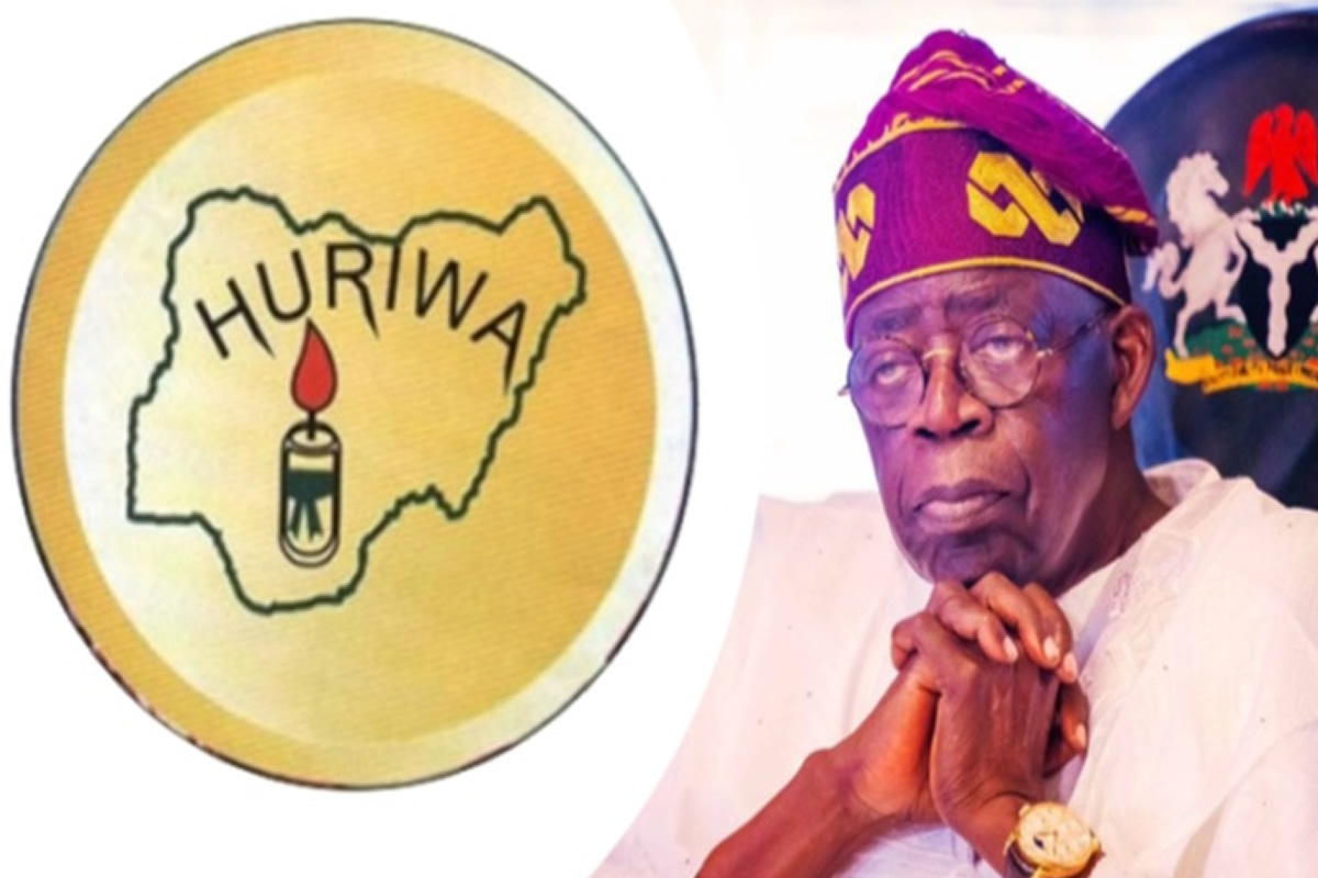 Left: yellow circular logo with Nigeria map outline and a lit candle, labeled HURINA. Right: elderly man in a purple headwrap and white outfit, hands folded.