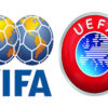 FIFA logo with a globe design on the left and a red UEFA emblem on the right, shown side by side.