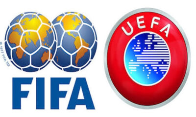 FIFA logo with a globe design on the left and a red UEFA emblem on the right, shown side by side.