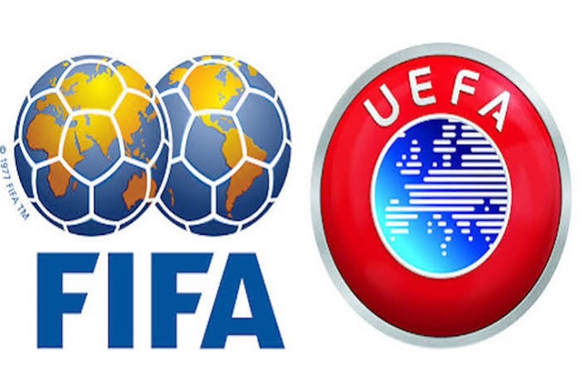 FIFA logo with a globe design on the left and a red UEFA emblem on the right, shown side by side.
